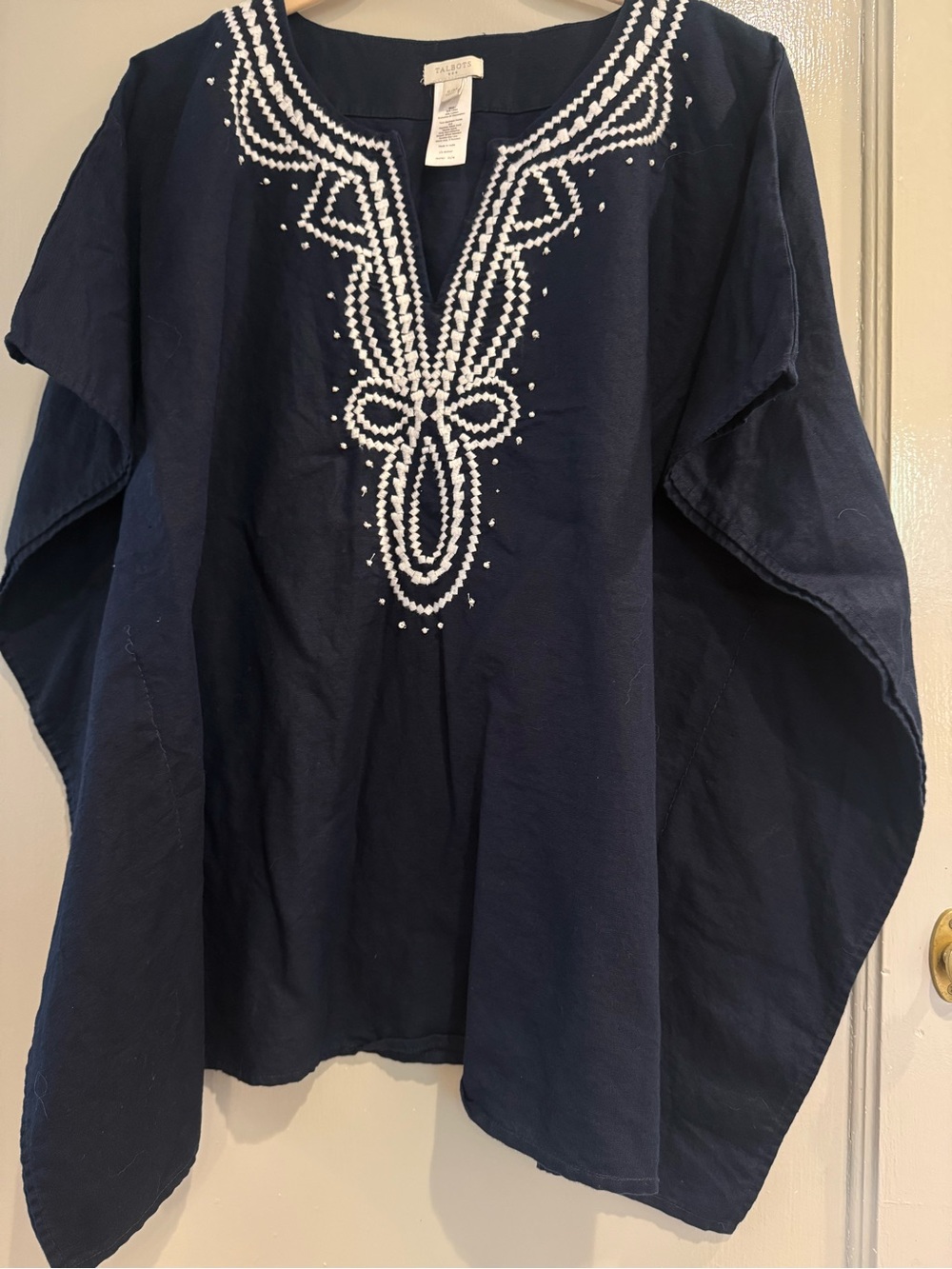 Talbots Navy Tunic White Embroidery size Small/Medium cotton & Linen EUC